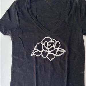 J. Crew Black V-Neck Tee with White Floral Embroidery